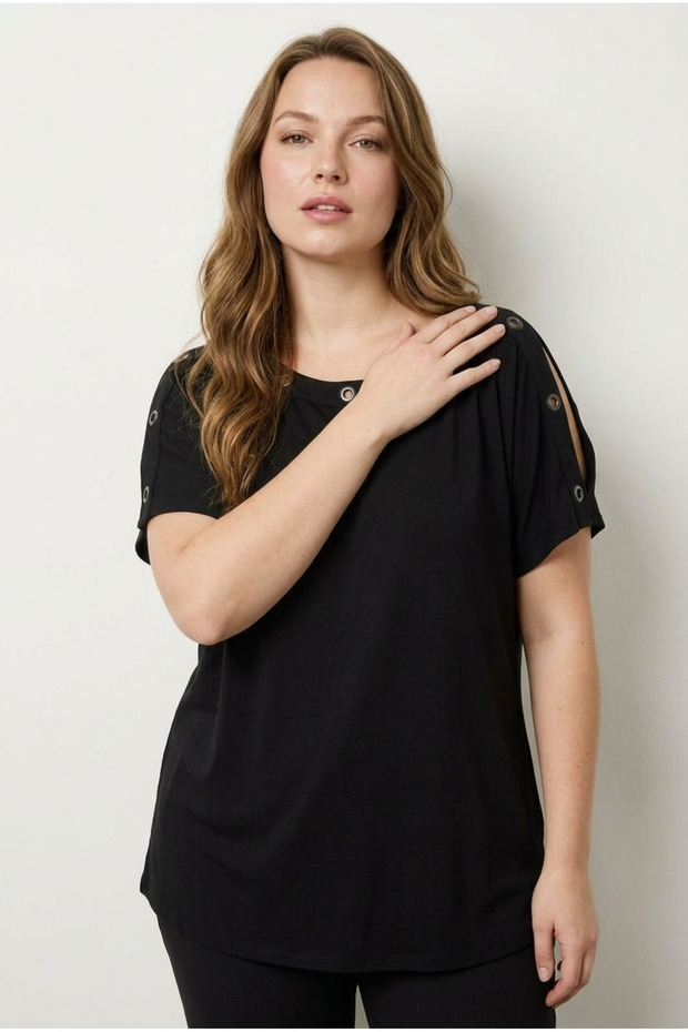 Plus Size Collar Sleeves Shoulder Detail Perforated Lycra Viscose T-Shirt