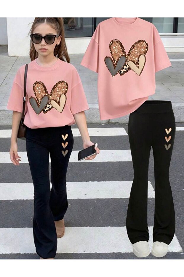 Girls' Silver Heart Printed T-Shirt and Spanish Cuff Pants Set