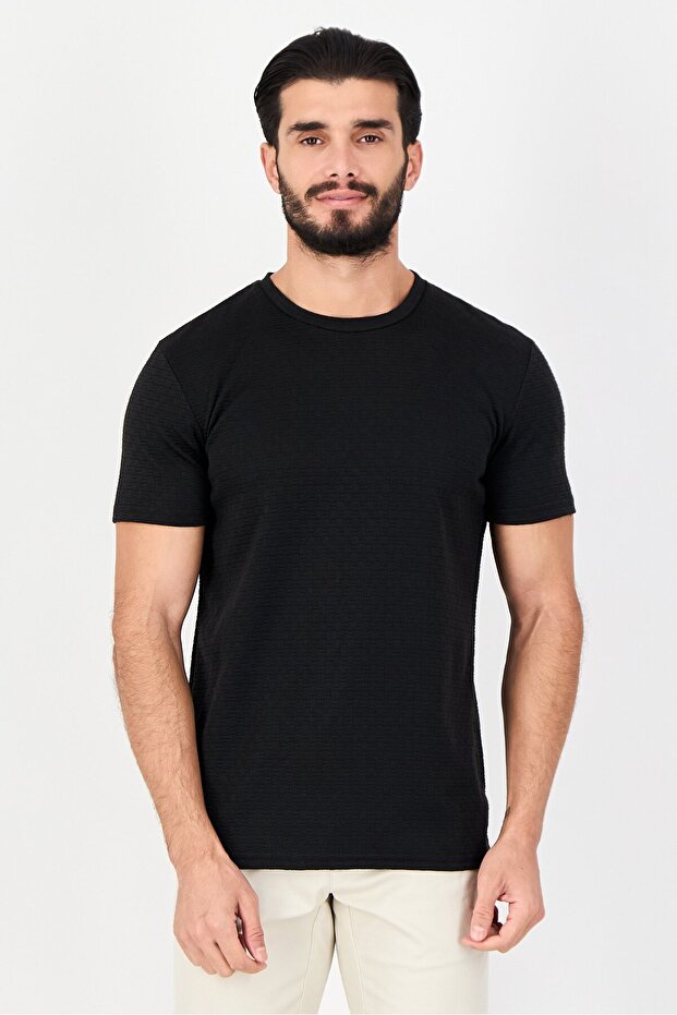 Men Crew Neck Short Sleeve Textured T-Shirt, Black