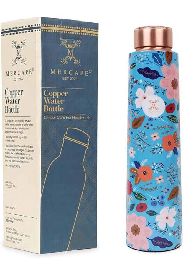 MERCAPE Copper Water Bottle A Handmade Ayurvedic Enameled Print Water Bottle For Drinking | 900ml