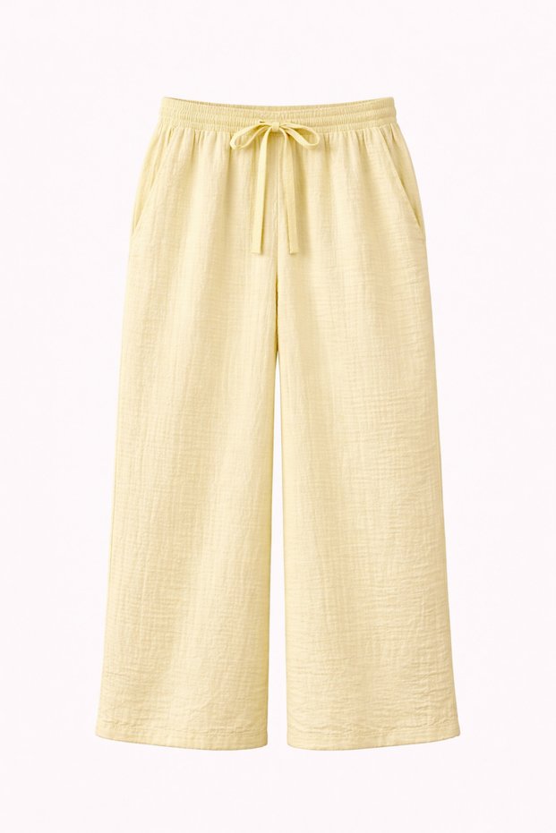 4286 Women's Wide Leg Elastic Waist Muslin Palazzo Trousers Pastel Yellow
