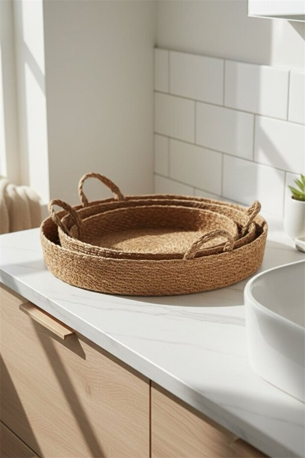 3-Piece 9057 Wicker Round Tray Decorative Presentation Tray