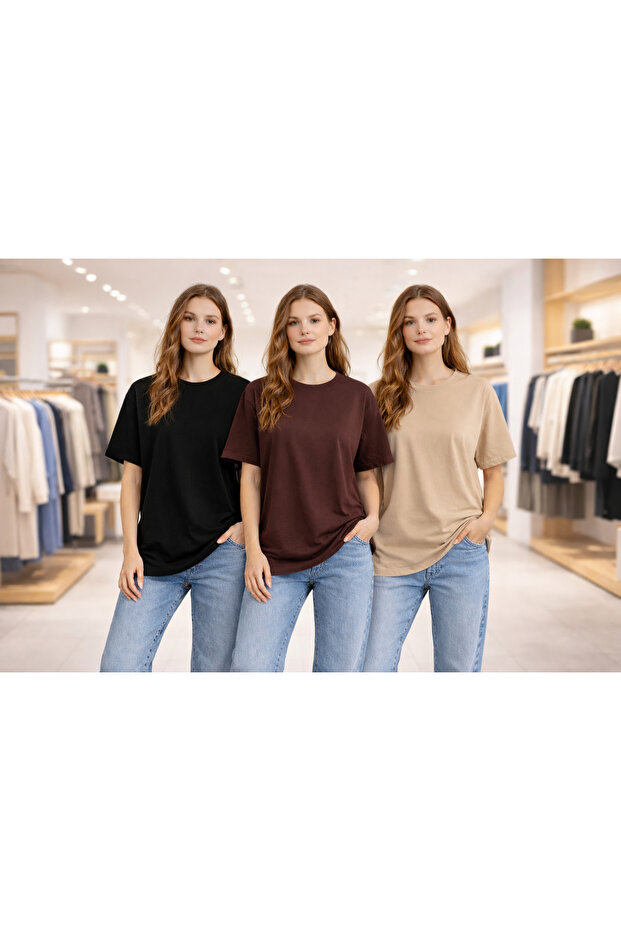 Set of 3 Women's Short-Sleeved Summer 100% Cotton T-Shirts Premium Quality Half Oversized Casual Basic T-Shirts