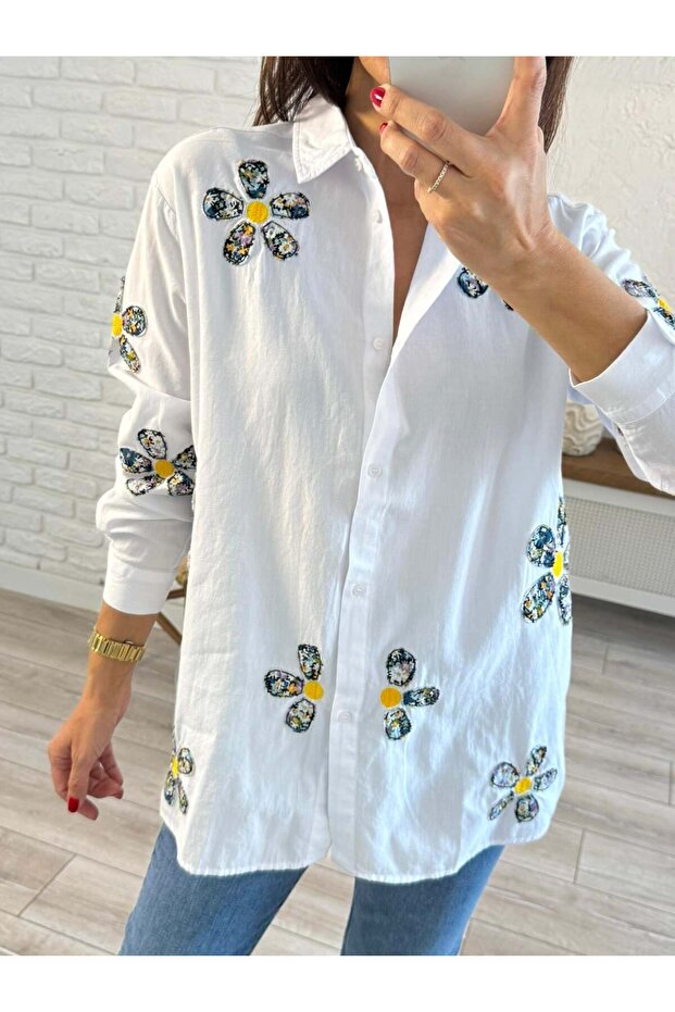 Women's Daisy Embroidered Cotton Shirt White