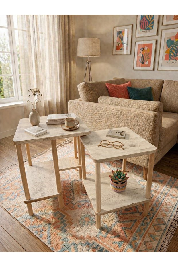 Modern Minimal Design Side Table Decorative Wooden Travertine Nesting Table Set of 2 40*50cm