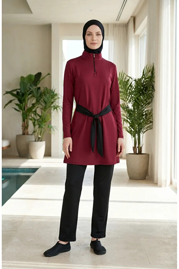Beli Belted Half-Zip Elegance Hijab Swimsuit 2600-01 Claret Red