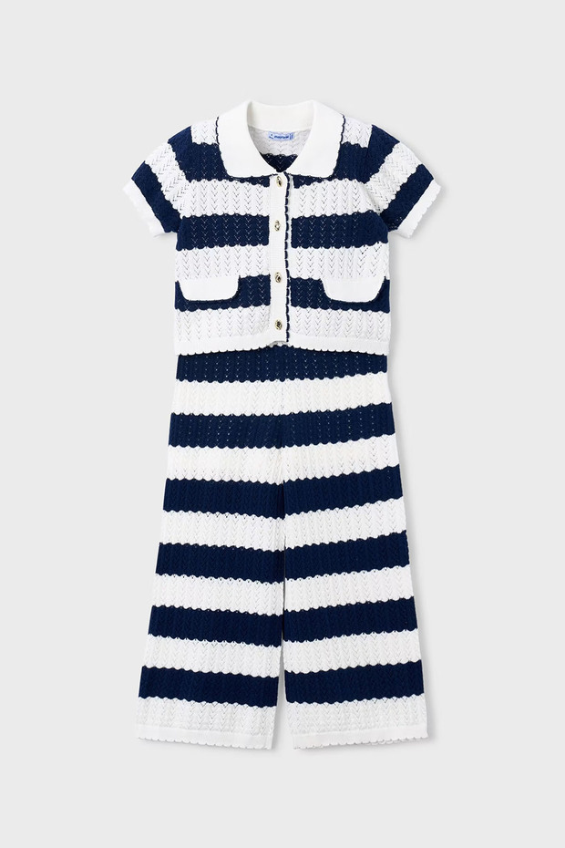 Girl's Striped Openwork Knitwear Pants and Cardigan Set - Blue