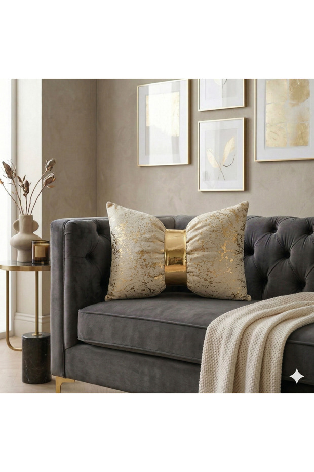 Throw Pillow Cover Luxury Decorative Foil Striped Pattern & Gold Buckle Bow Tie 30 X 50 cm Pillowcase