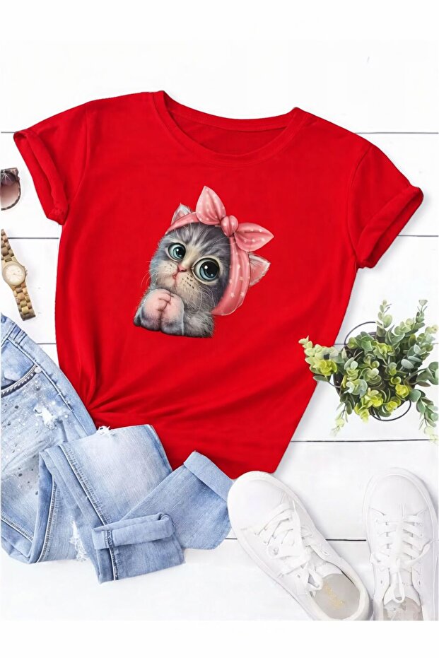 تي شيرت كبير الحجم مطبوع عليه Sweet Cat للجنسين