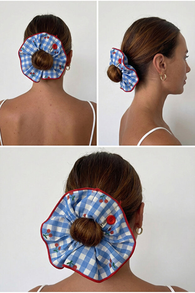 Blue checkered cherry patterned buttoned elastic buckle - 2