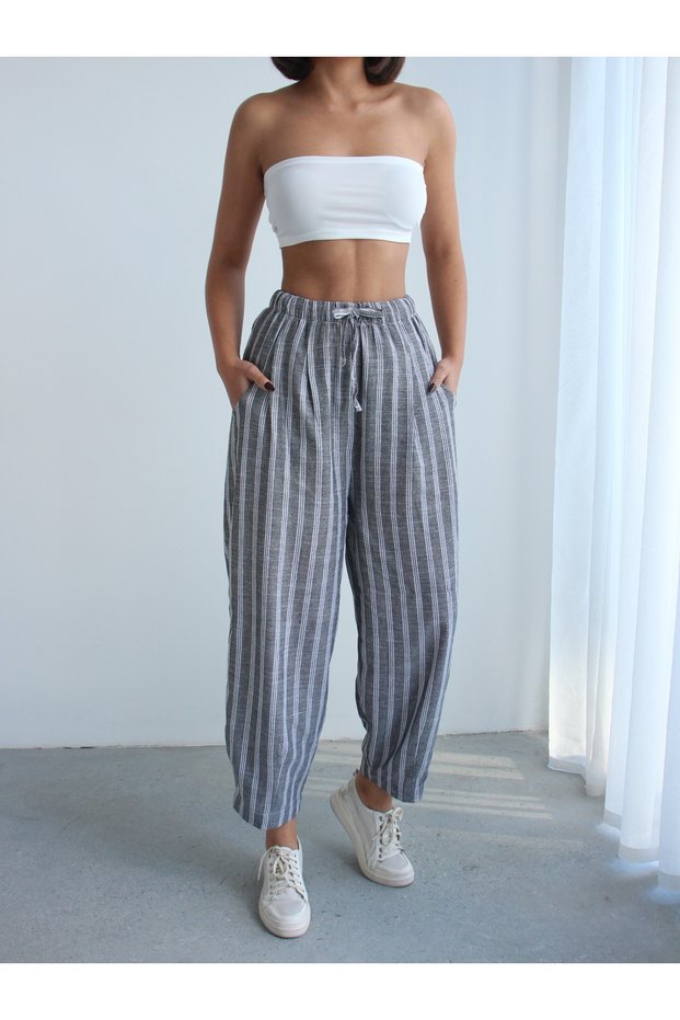 Women's Gray Striped Linen Look Balloon Pants