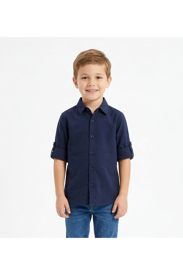 Toddler Boys Navy Casual Linen blended Shirt with Roll‑Up Sleeves