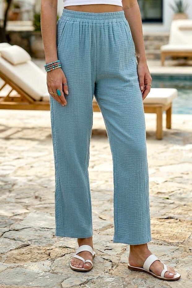 Light Blue Pocketed, Lace-Sided, Elastic Waist Casual Muslin Woven Trousers 92 60