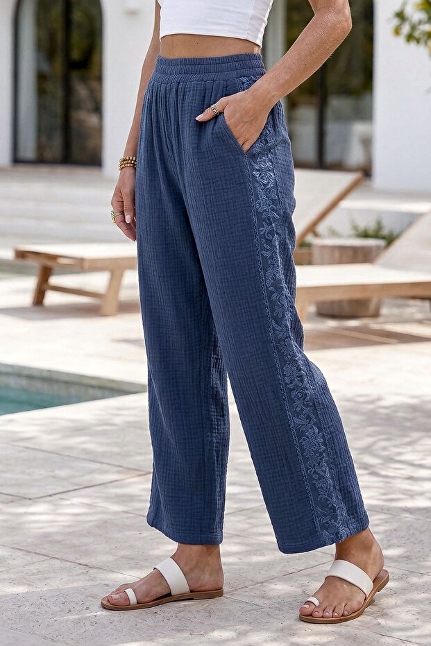 Blue Pocketed, Lace-Sided, Elastic Waist Casual Muslin Woven Trousers 92 60