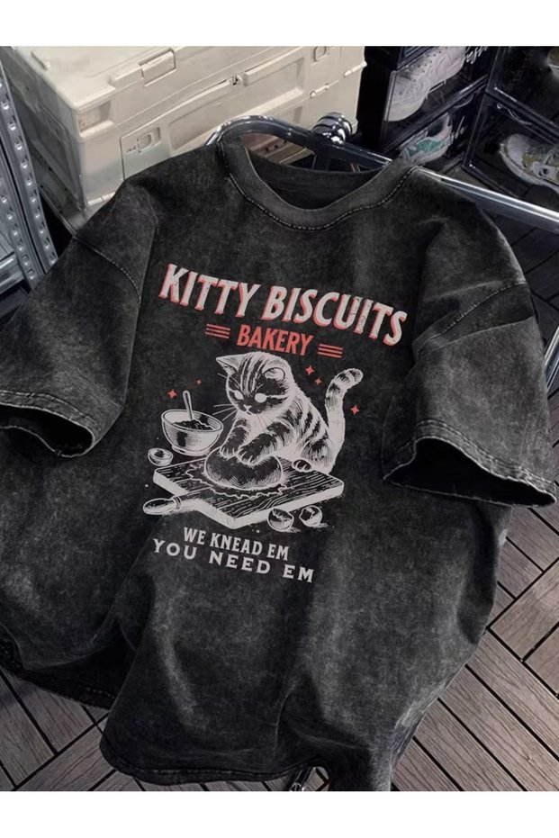 Cute Sweet Cat Printed Unisex Washable Vintage Oversize T-Shirt