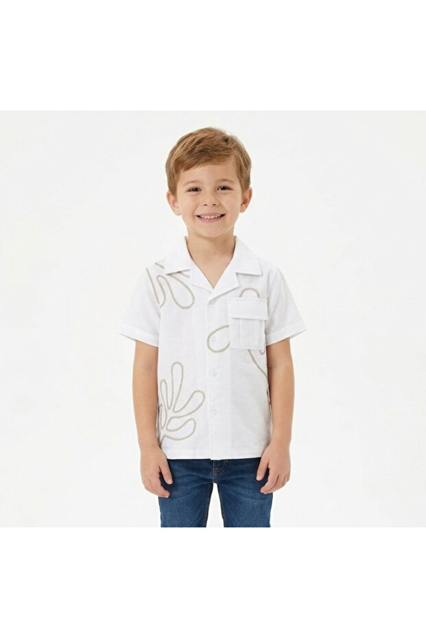 Toddler Boys White Resort‑Style Shirt with Subtle Embroidered Pattern