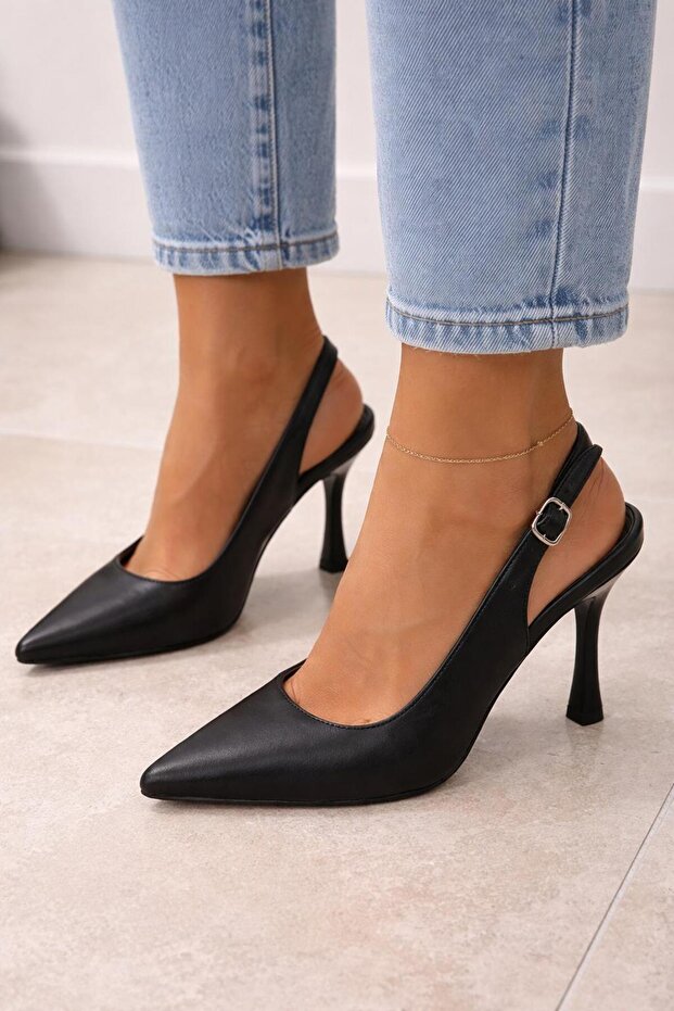 Black Leather Pointed Buckle Thin Heeled Shoes