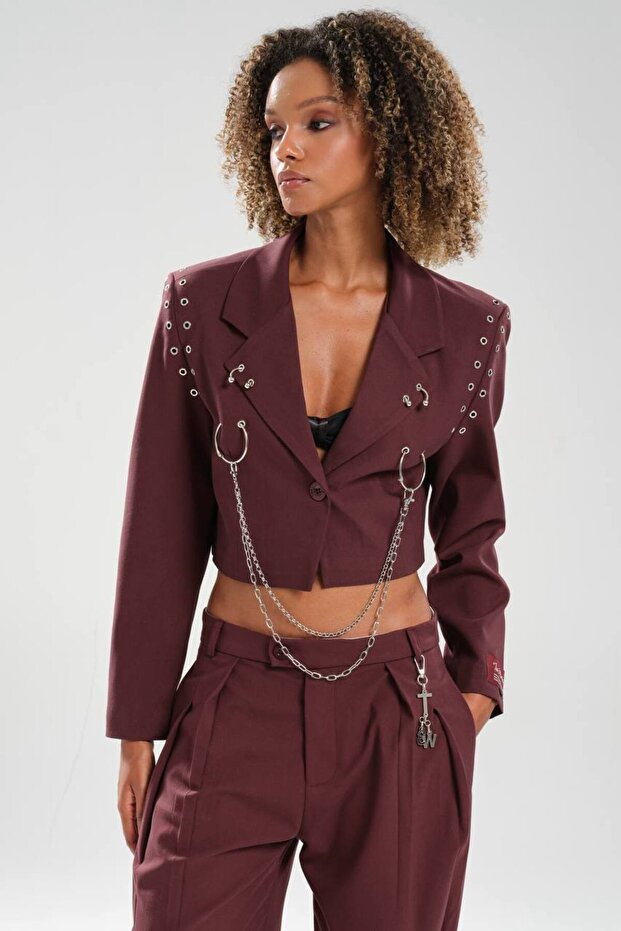 Women's Eyelet Chain Detailed Design Blazer Jacket