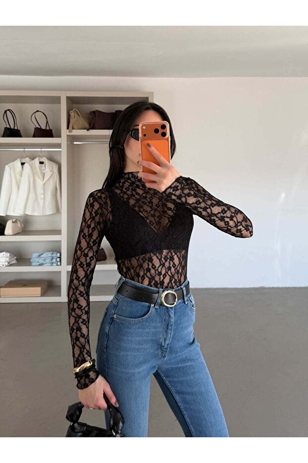 High Collar Lace Blouse - Black