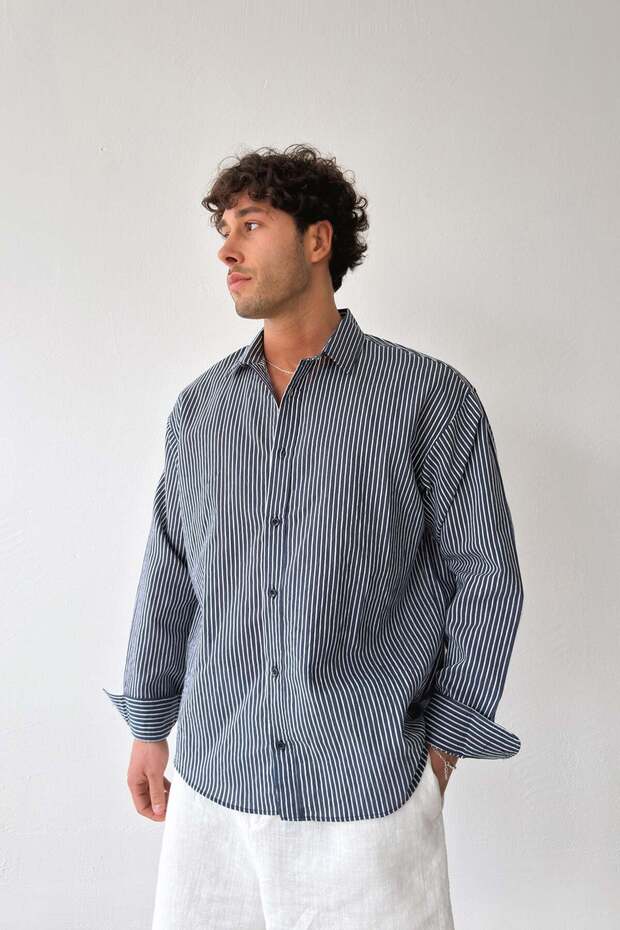 Striped Navy Blue Linen Oversize Shirt