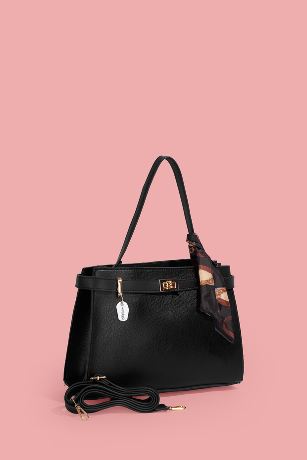 Women's Black Buckle Scarf Handbag and Crossbody Bag with Leather Texture