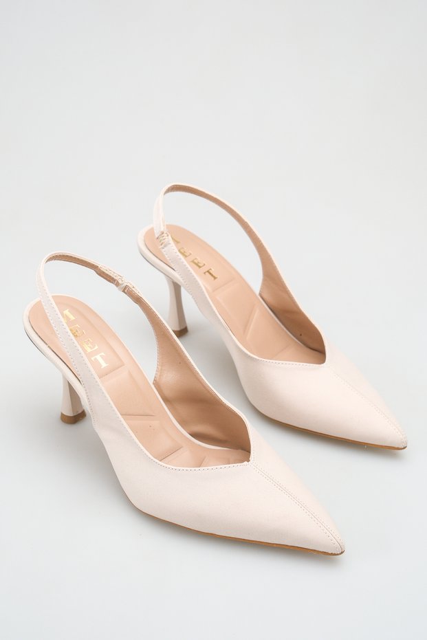 Beige Satin Stiletto Pointed Toe Daily Comfortable Women's Heeled Shoes with Center Seam Detail