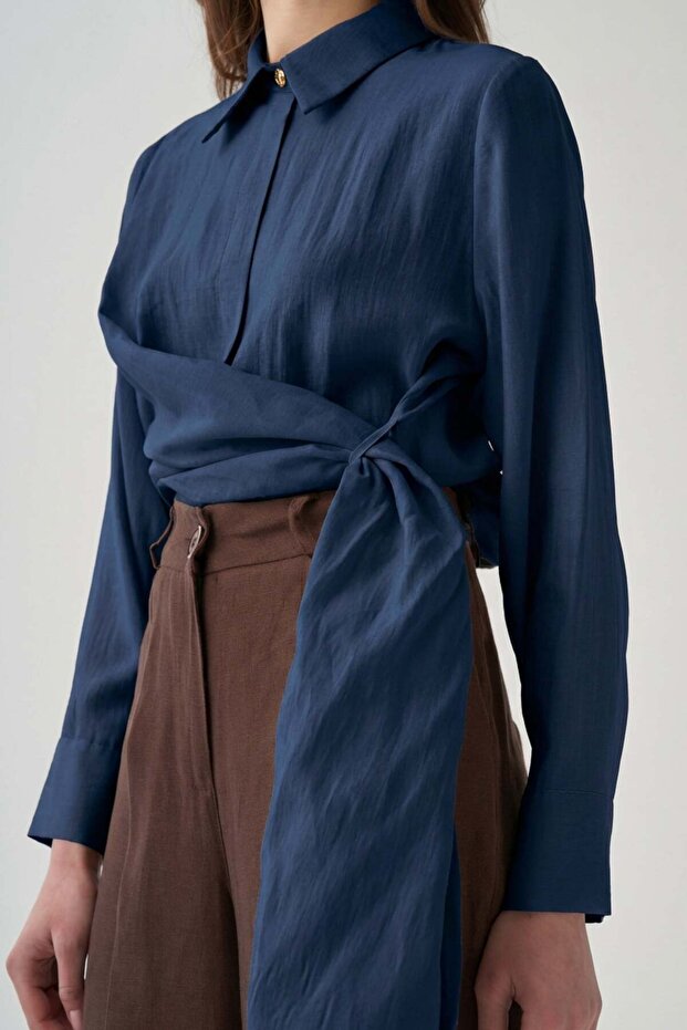 Indigo-Cuff Embroidery Detailed Shirt