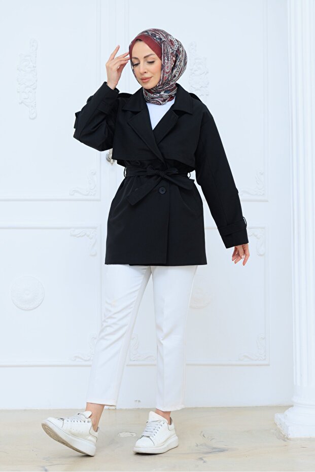 Short Buttoned Belted Trench Coat Black
