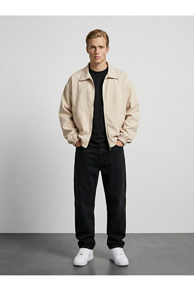Men's Cream Cotton Gabardine Fabric Classic Collar Jacket with Elastic Waist and Sleeves and Zipper Closure
