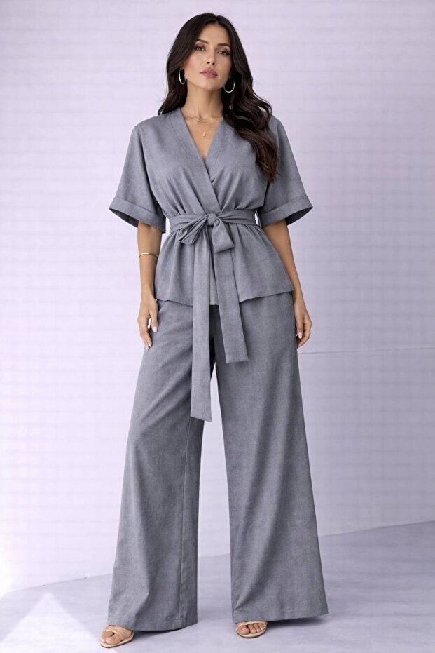 Sleeveless Jacket with Tie Waist and High-Waisted Tencel Pants Set