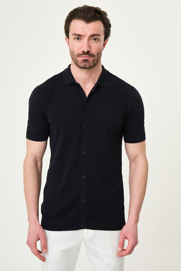 Straight Slim Fit Short Sleeve Men's Knitwear Shirt Navy Blue - 11246.26Y