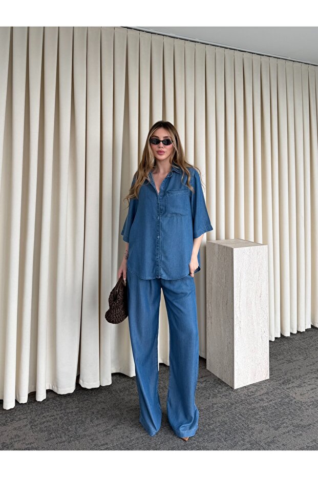 Blue Tensel Fabric Shirt and Pants Set - 0926