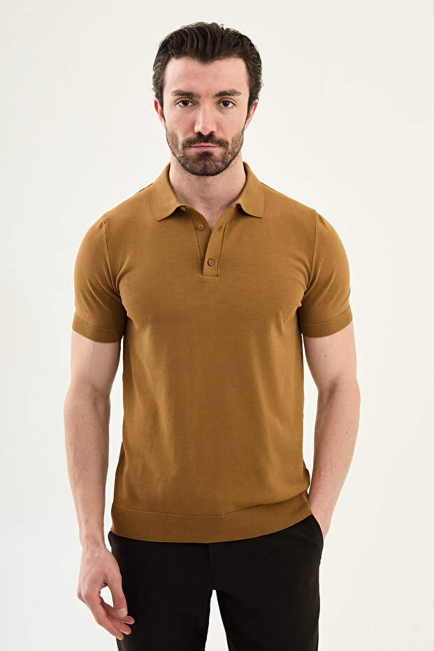 Plain Slim Fit Polo Collar Men's Knitwear T-Shirt Camel - 11581.26Y