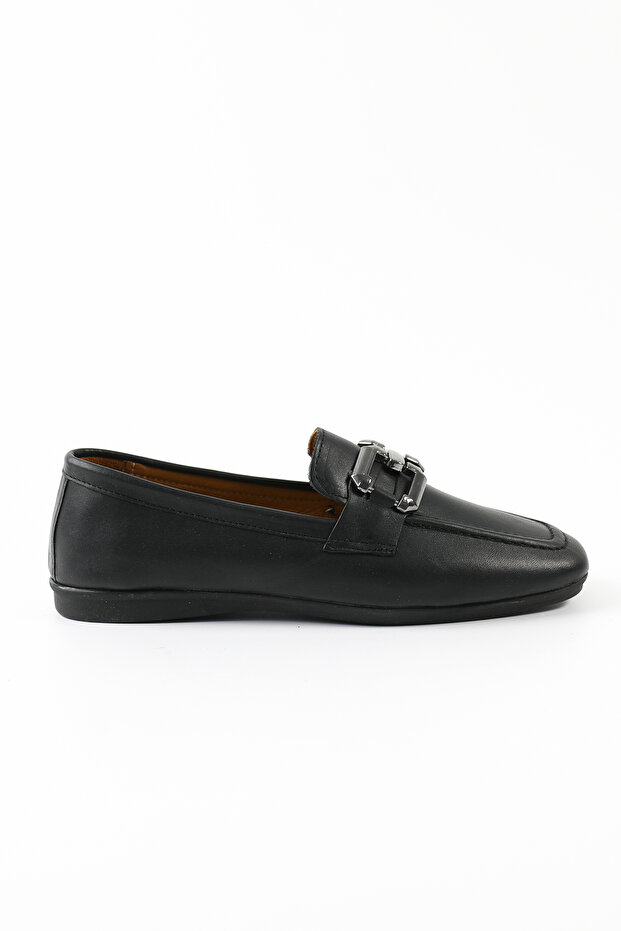 Genuine Leather Black Loafer Women's Shoes - Z716