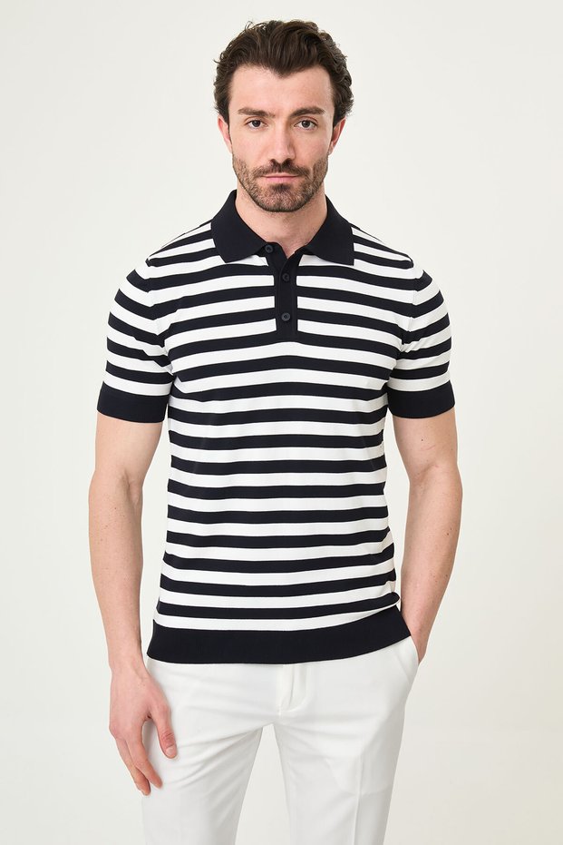 Striped Slim Fit Polo Collar Men's Knitwear T-Shirt Navy Blue - 11582.26Y