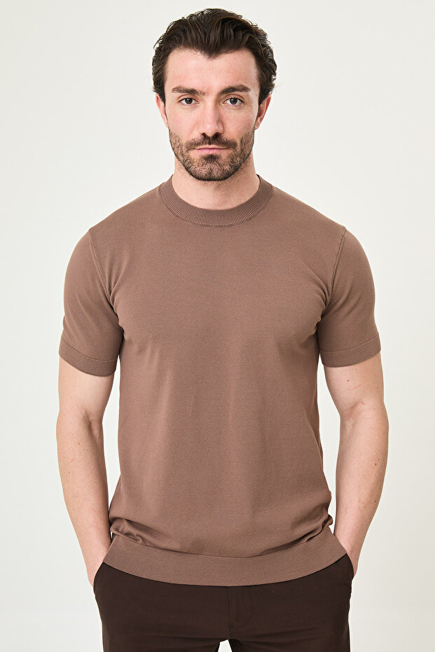 Plain Slim Fit Crew Neck Men's Knitwear T-Shirt Milky Coffee - 11583.26Y