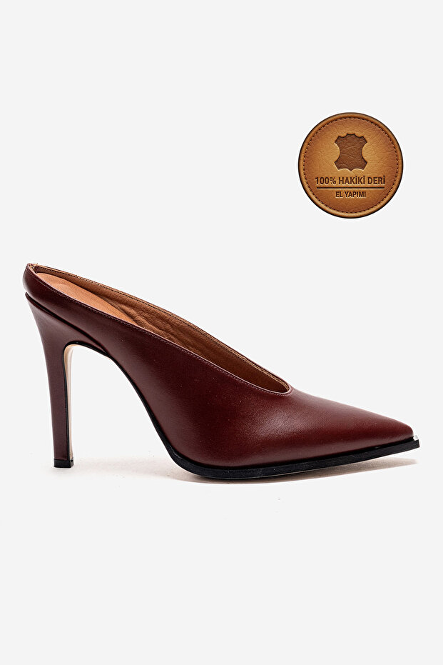Genuine Leather Handmade Burgundy Leather Pointed Toe Thin Heeled Slippers Kobede