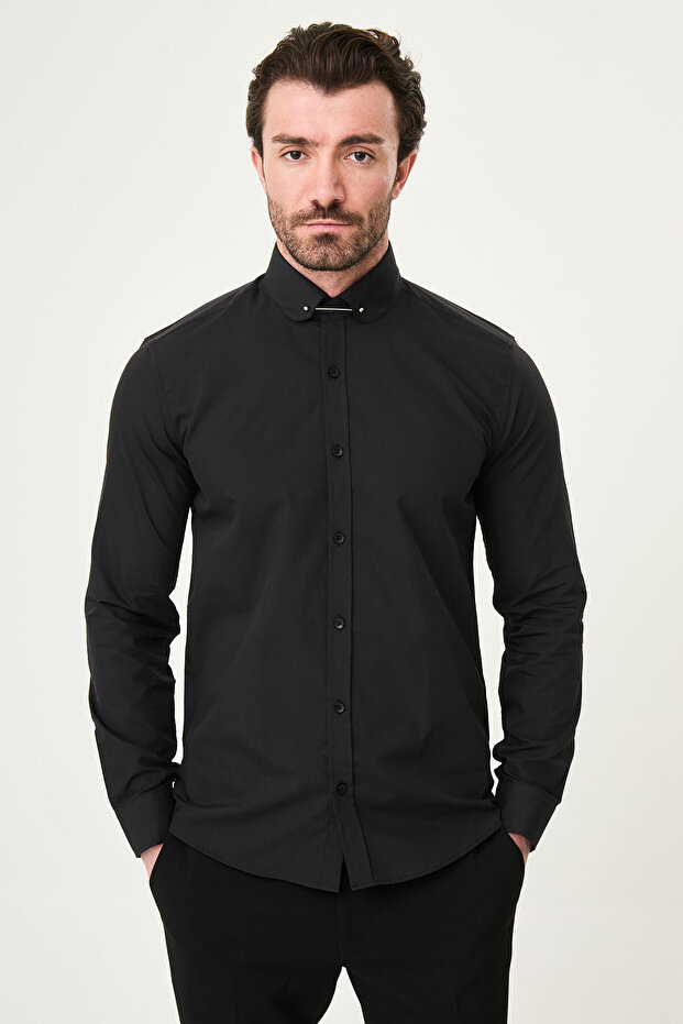 Straight Slim Fit Collar Pinched Men's Shirt Black - 37634.22Y