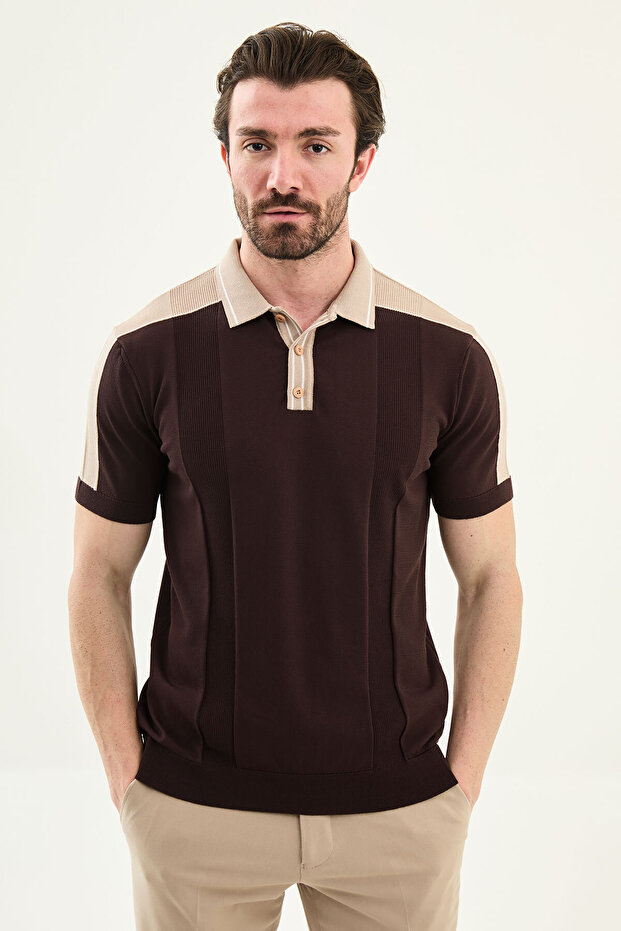 Patterned Slim Fit Polo Collar Zippered Men's Knitwear T-Shirt Brown - 11593.26Y