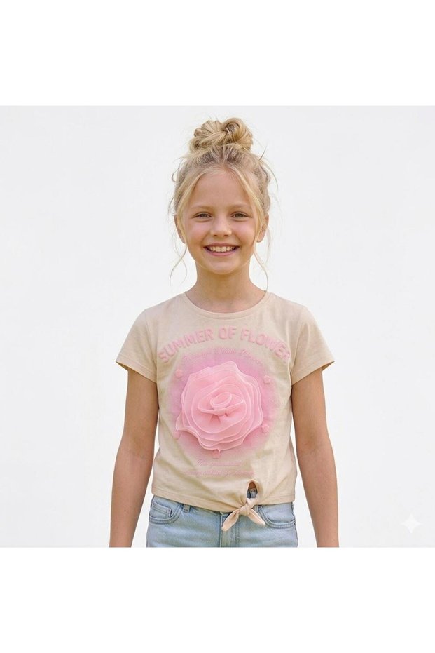 Girl's Pink Rose Detailed Beige Knitted Crop T-Shirt-4318