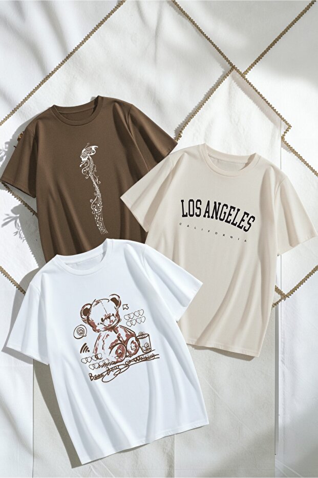 Unisex Brown White Beige 3-Piece Design T-Shirt Set
