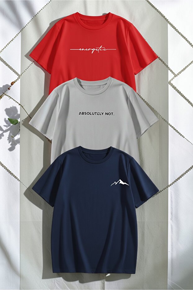 Unisex Red Gray Navy Blue 3-Piece Design T-Shirt Set