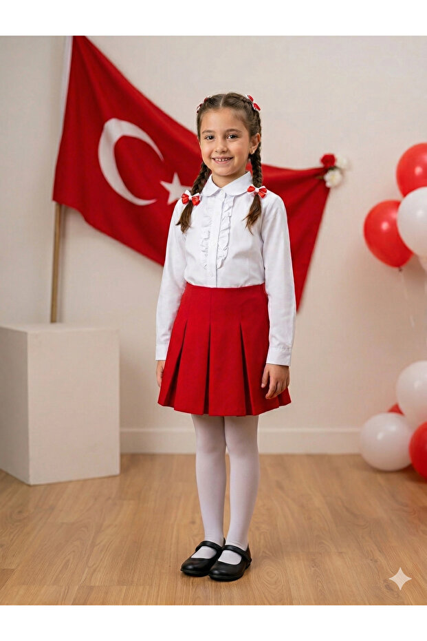 Girl's Red and White April 23Rd Show Dress Combination Top and Bottom Set (with Pantyhose as a Gift)
