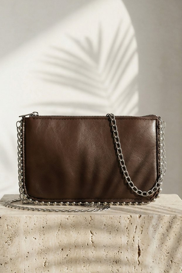 Bitter Brown Women's Bag with Staple Detail and Chain Strap