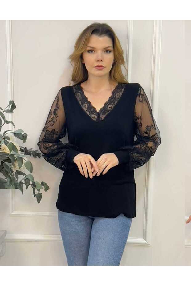 V-Necklace Bluz with Lace Detail on the Sleeves and Collar