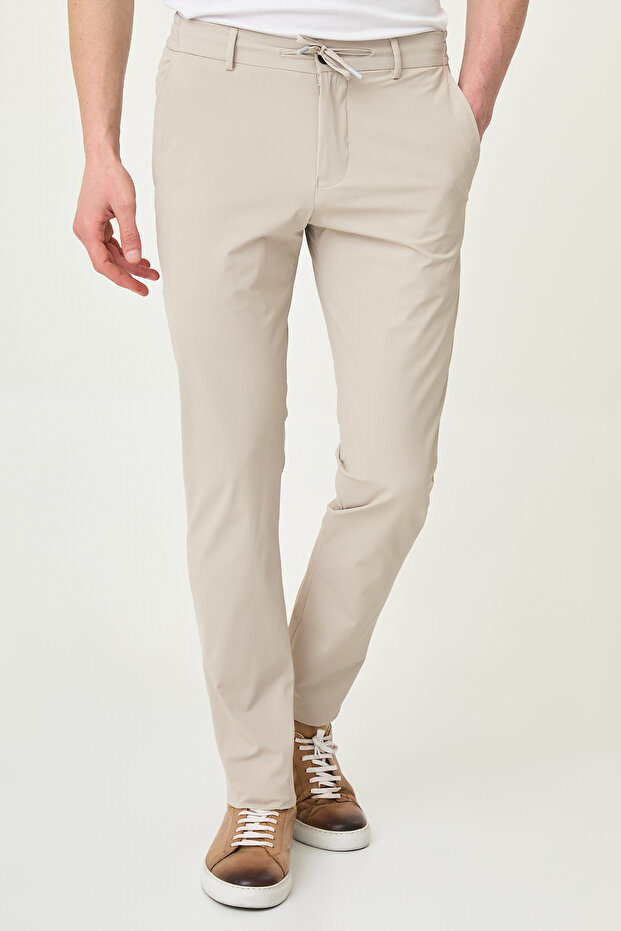 Straight Super Slim Fit Elastic Waist Drawstring Men's Trousers Beige - 38354.26Y