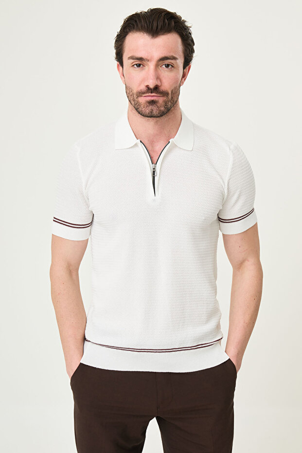 Stripe Detailed Slim Fit Polo Collar Zippered Men's Knitwear T-Shirt White-Tile - 11592.26Y