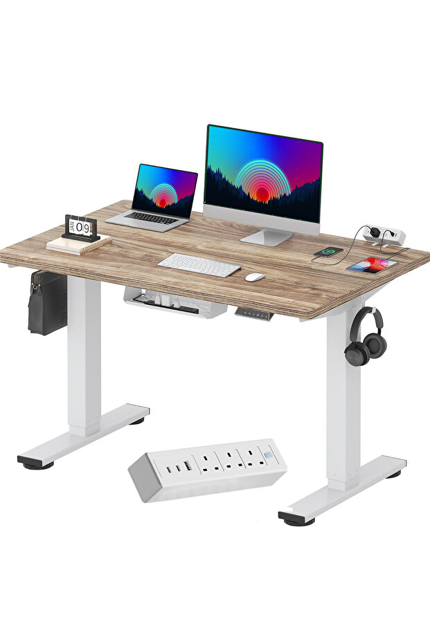 FLEXISPOT EN2 cm Electric Sit Stand Desk with Cable Management - White Frame and Oak Top