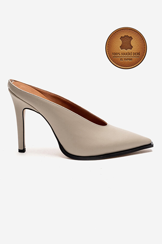 Genuine Leather Handmade Beige Leather Pointed Toe Thin Heeled Slippers Kobede