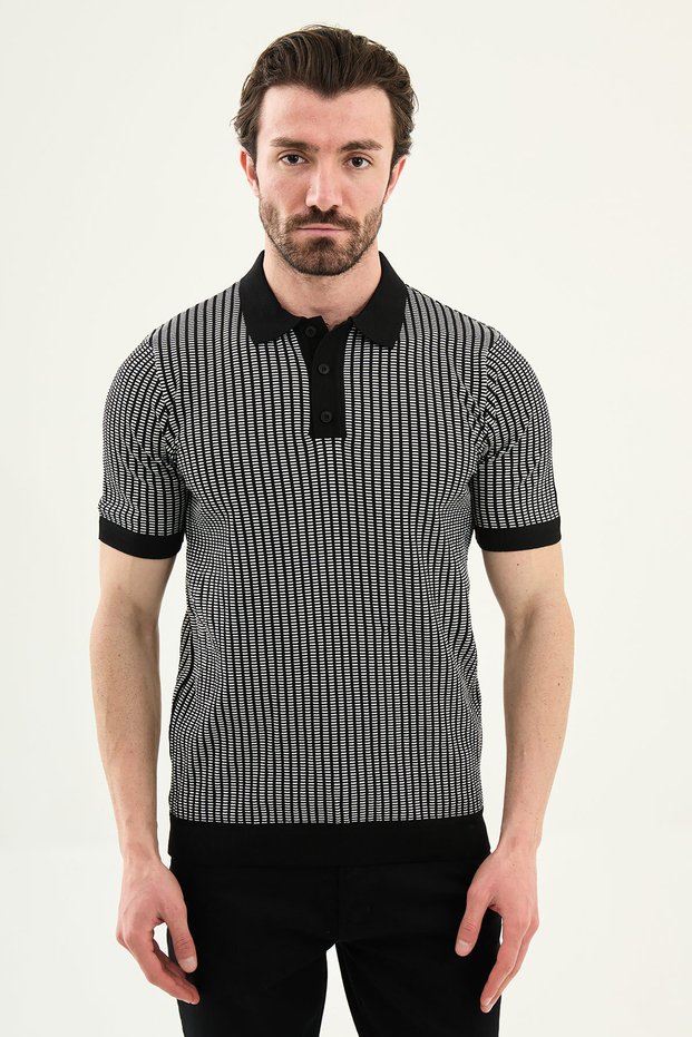 Striped Slim Fit Polo Collar Men's Knitwear T-Shirt Black - 11590.26Y